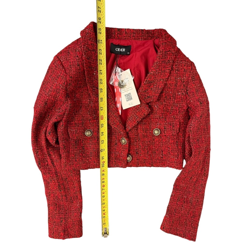 Cider Red Tweed Crop Top - Notched Collar, Slim Fit, Button Detail, Lined - Picture 2 of 8